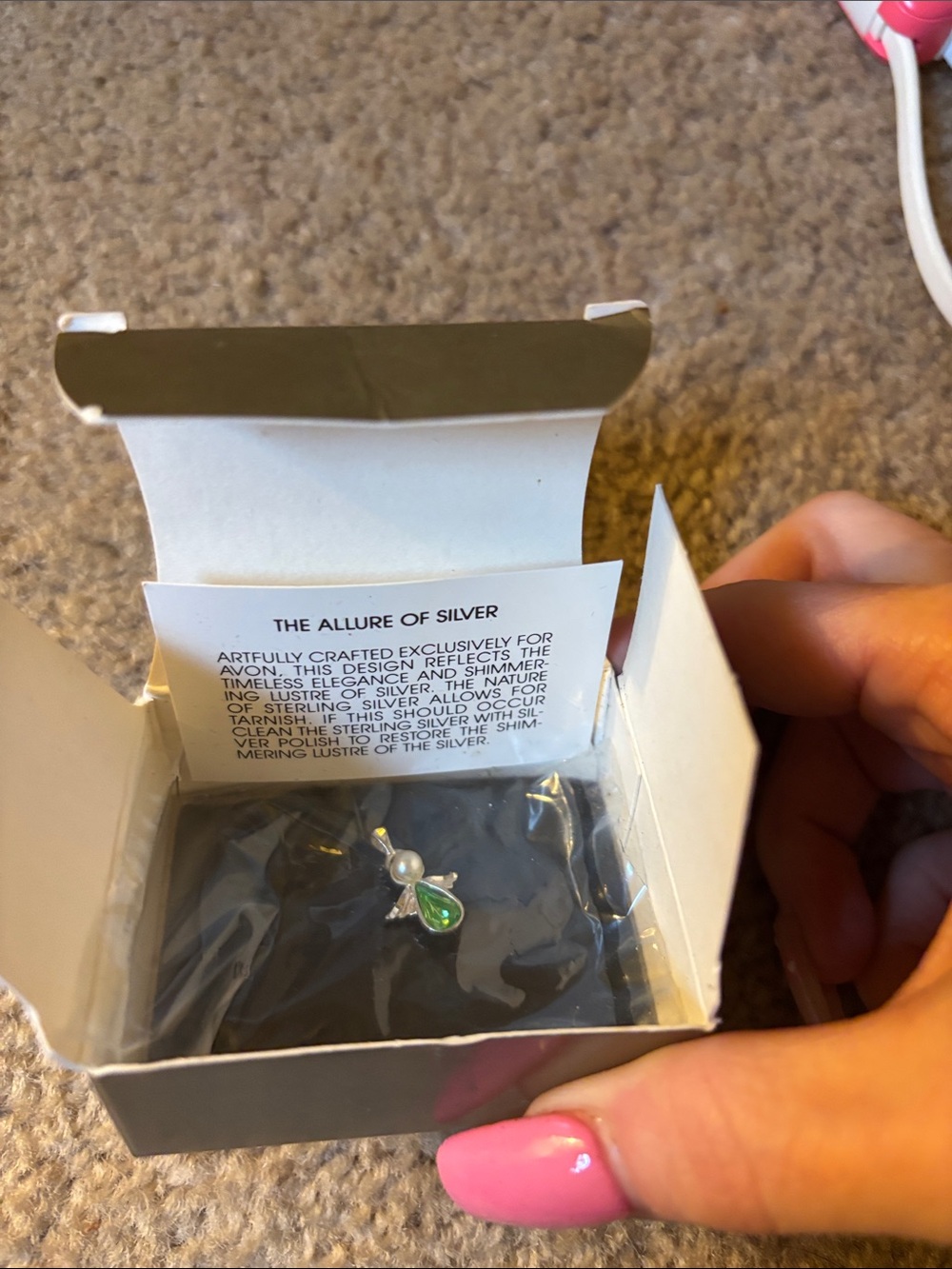 Avon Silver Angel Pendant with Green Teardrop and Pearl Accent